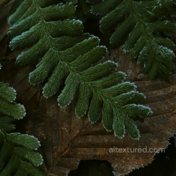 Frosted Ground Texture with Green Fern and Brown Leaves Ground surface texture preview