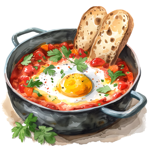 Breakfast Shakshuka with Sunny Egg and Slices of Bread Illustration
