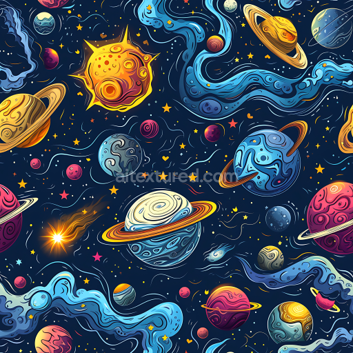 Seamless 3D PBR Space Texture Featuring Stylized Planets, Nebulae & Cosmic Dust