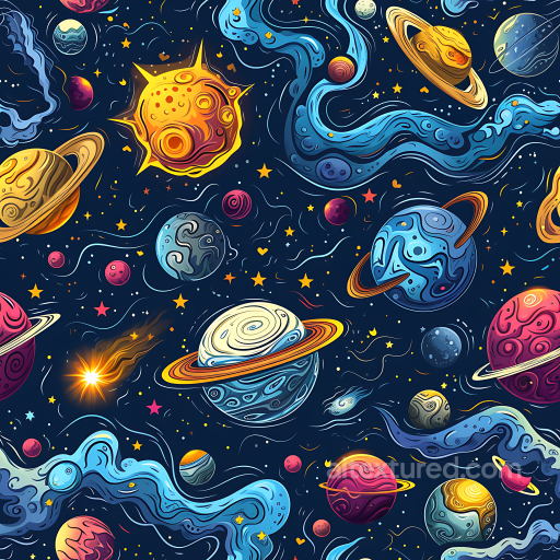 Space Texture Featuring Stylized Planets, Nebulae & Cosmic Dust seamless Star, space, planets PBR texture
