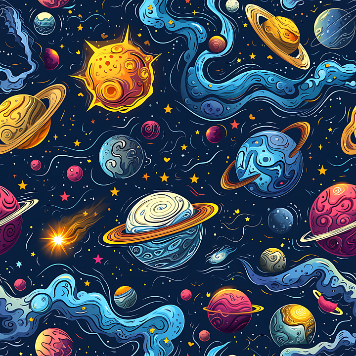 Space Featuring Stylized Planets, Nebulae & Cosmic Dust seamless PBR texture preview
