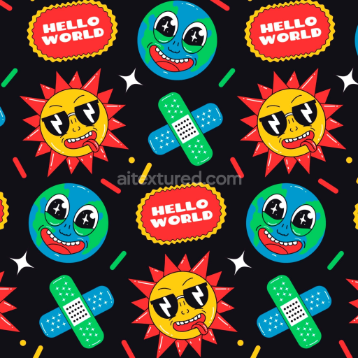 Seamless 3D PBR Texture Featuring Vibrant Cartoon Happy Faces and Fun Elements