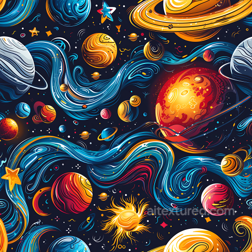 Space Texture Featuring Stylized Colorful Planets & Flowing Nebula Streams seamless Star, space, planets PBR texture