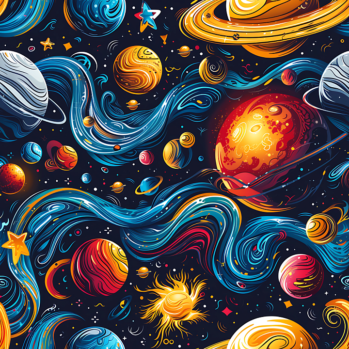 Space Featuring Stylized Colorful Planets & Flowing Nebula Streams seamless PBR texture preview