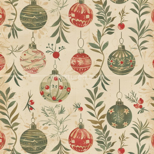 Seamless 3D PBR Texture of Vintage Christmas Ornaments and Greenery Pattern