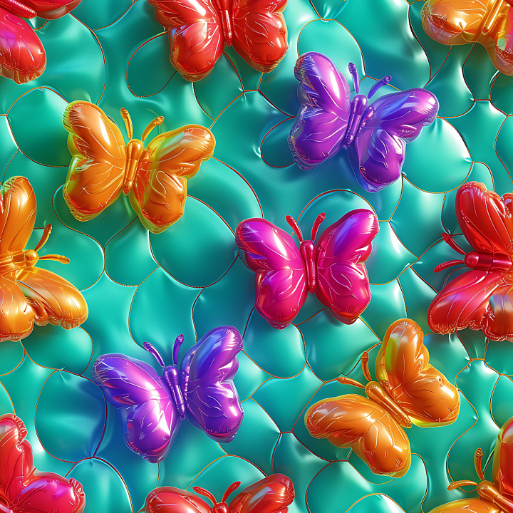 Inflated with Colorful Shiny Vinyl Butterflies on Teal Background seamless PBR texture preview