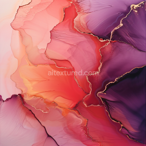 Seamless 3D Alcohol Ink PBR Texture Featuring Fluid Red and Purple Swirls with Gold Veining