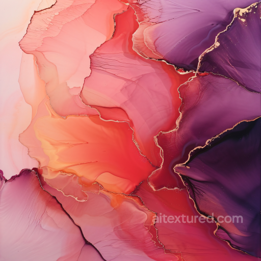 Alcohol Ink PBR Texture Featuring Fluid Red and Purple Swirls with Gold Veining seamless Alcohol ink PBR texture