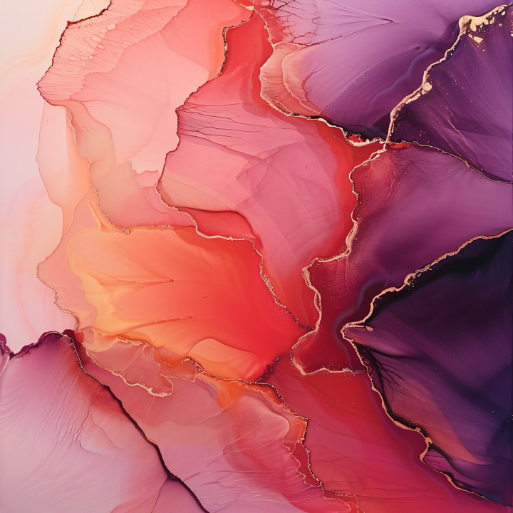 Alcohol Ink Featuring Fluid Red and Purple Swirls with Gold Veining seamless PBR texture preview