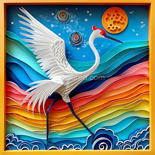 Seamless 3D PBR Texture Featuring Colorful Crane Origami in Layered Paper Style