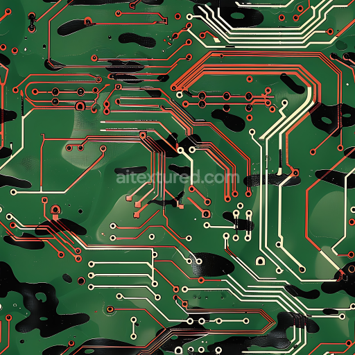 Seamless 3D PBR Texture of Tech-Inspired Camouflage with Circuit Board Pattern and Military Green Palette