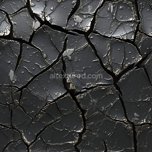 Seamless 3D cracked black soil PBR texture with deep fractures and rugged surface