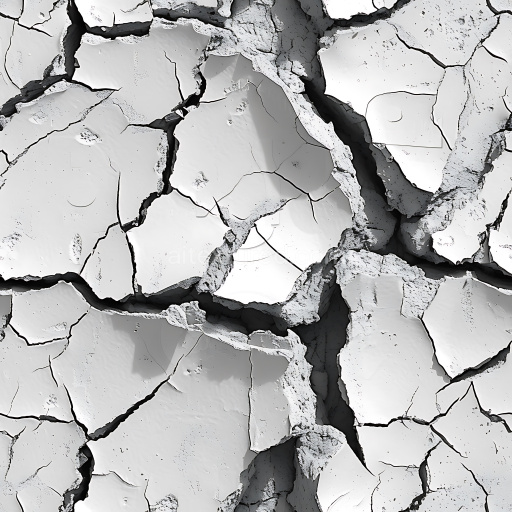 Seamless 3D Cracked Plaster PBR Texture with Deep Fractures and White Tone
