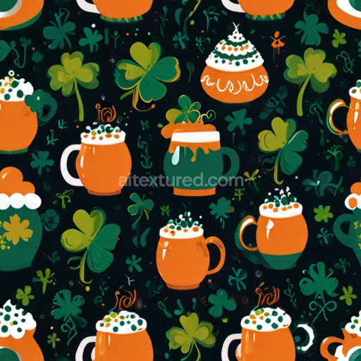 Seamless 3D PBR texture featuring St Patrick mugs and clovers
