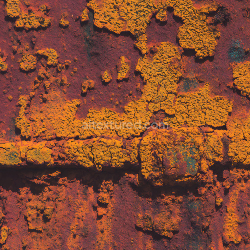 Seamless 3D PBR rusty metal texture with cracked orange paint and heavy corrosion