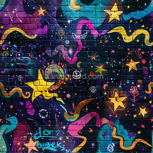 Seamless 3D PBR Graffiti Texture Featuring Vibrant Stars and Abstract Shapes on Brick Wall
