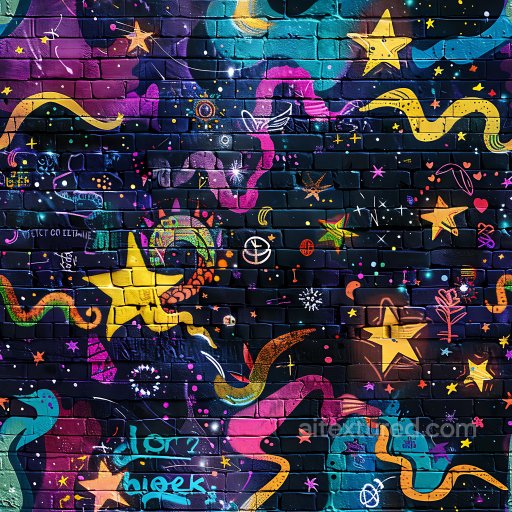 Seamless 3D PBR Graffiti Texture Featuring Vibrant Stars and Abstract Shapes on Brick Wall texture preview