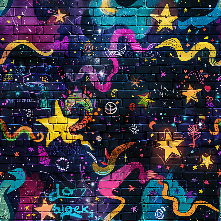 Graffiti Featuring Vibrant Stars and Abstract Shapes on Brick Wall seamless PBR texture preview