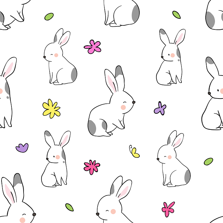 Featuring Cute Gray-Spotted Bunnies and Colorful Flowers seamless PBR texture preview