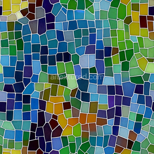 Seamless 3D mosaic PBR texture of colorful irregular stained glass tiles with white grout texture preview