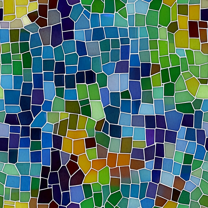 Mosaic Of Colorful Irregular Stained Glass Tiles With White Grout seamless PBR texture preview