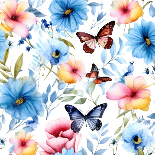 Watercolor Floral Fabric Texture with Butterflies seamless Watercolor Butterflies PBR texture