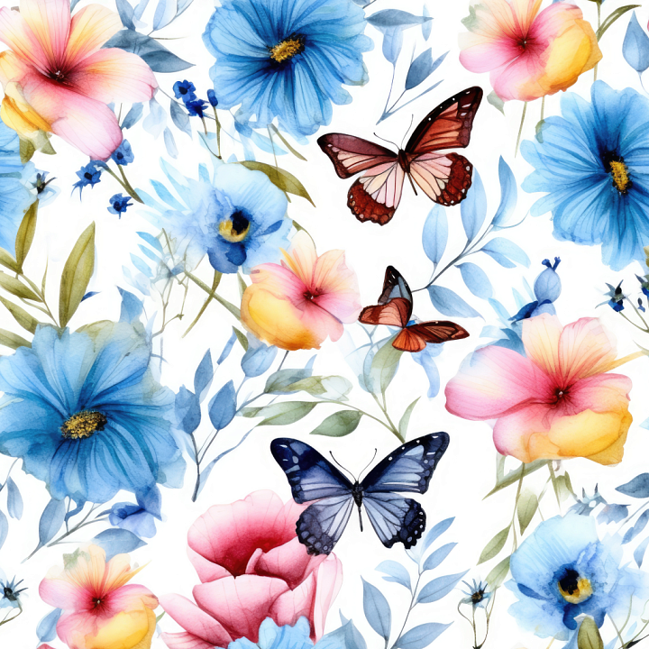 Watercolor Floral Fabric with Butterflies seamless PBR texture preview