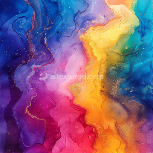 Seamless 3D Alcohol Ink PBR Texture Featuring Vibrant Rainbow Fluid Waves and Delicate Gold Veins