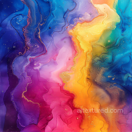 Alcohol Ink PBR Texture Featuring Vibrant Rainbow Fluid Waves and Delicate Gold Veins seamless Alcohol ink PBR texture