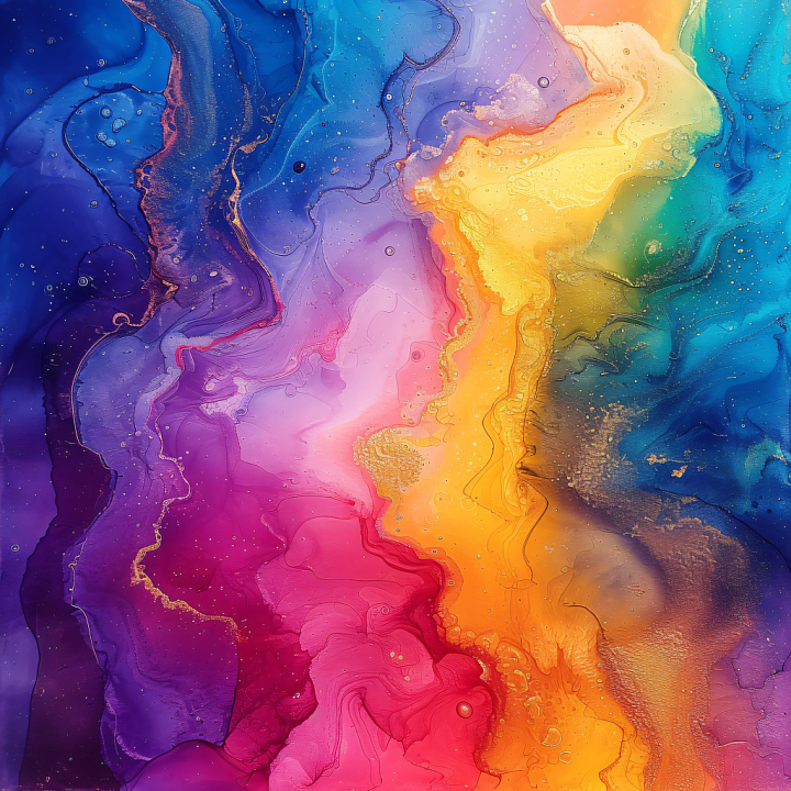 Alcohol Ink Featuring Vibrant Rainbow Fluid Waves and Delicate Gold Vei… seamless PBR texture preview