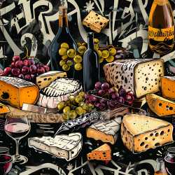 seamless Seamless 3D PBR graffiti texture featuring stylized wine, cheese, and grapes artwork texture 8k free download PBR