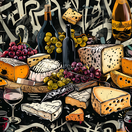 Seamless 3D PBR graffiti texture featuring stylized wine, cheese, and grapes artwork