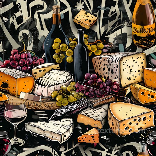 Seamless 3D PBR graffiti texture featuring stylized wine, cheese, and grapes artwork texture preview