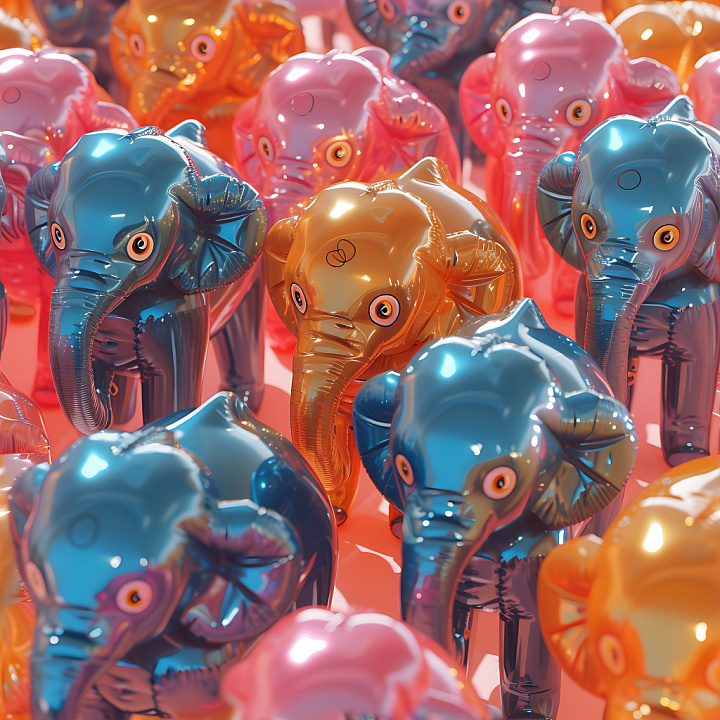 Inflated of Glossy Vinyl Elephant Figures in Blue, Orange, and Pink seamless PBR texture preview