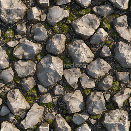 Seamless 3D Weathered Rock and Mossy Ground PBR Texture with Natural Pebbles