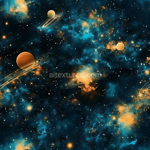 Seamless 3D Space PBR Texture Featuring Blue Nebula Clouds and Ringed Planets