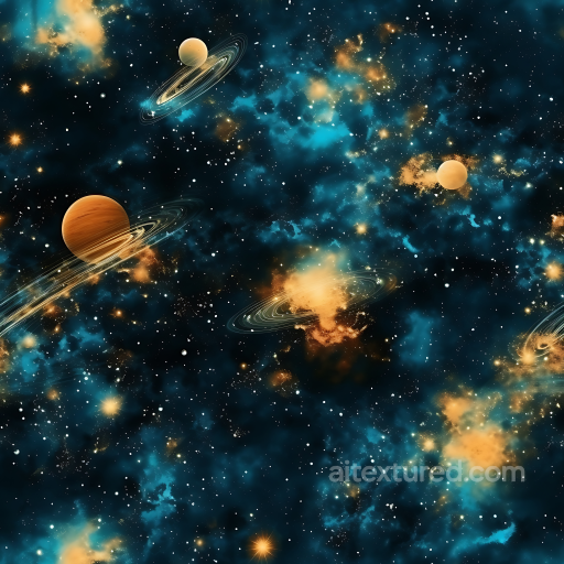 Space PBR Texture Featuring Blue Nebula Clouds and Ringed Planets seamless Star, space, planets PBR texture