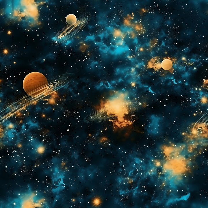 Space Featuring Blue Nebula Clouds and Ringed Planets seamless PBR texture preview