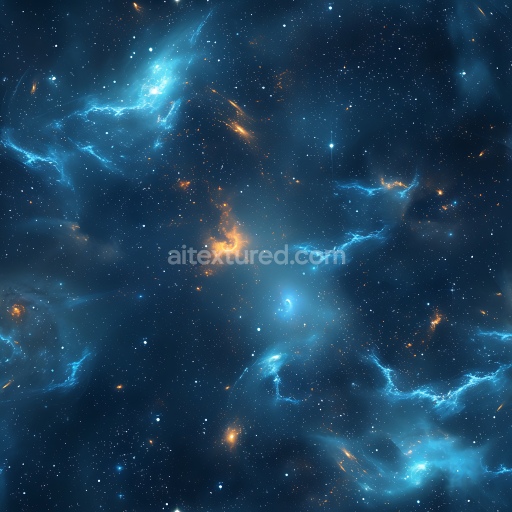 Seamless 3D Space PBR Texture Featuring Vibrant Blue Nebulae and Orange Star Clusters