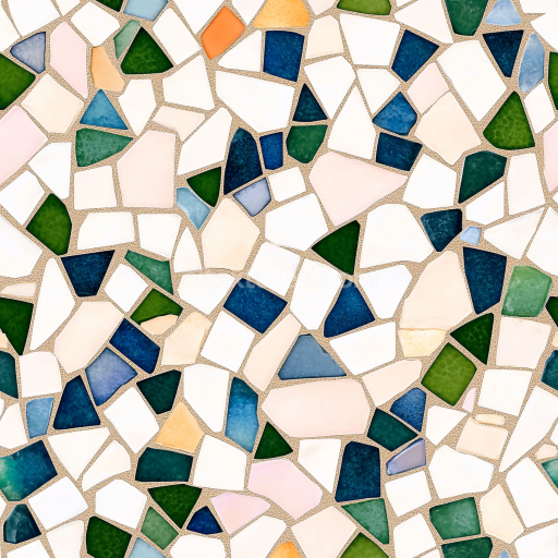 Seamless 3D Mosaic PBR Texture with Colorful Irregular Ceramic Tiles and Grouted Finish texture preview