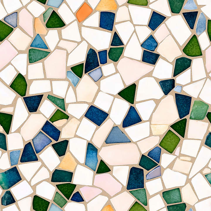 Mosaic with Colorful Irregular Ceramic Tiles and Grouted Finish seamless PBR texture preview