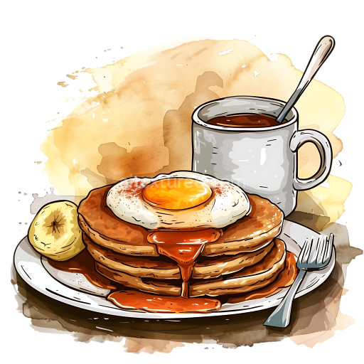 Breakfast Pancakes with Fried Egg and Coffee Cup Illustration
