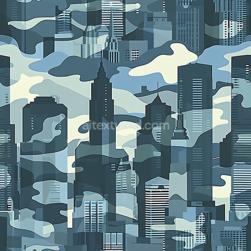 Seamless 3D Urban Camouflage PBR Texture Featuring Blue-Grey Cityscape Silhouettes