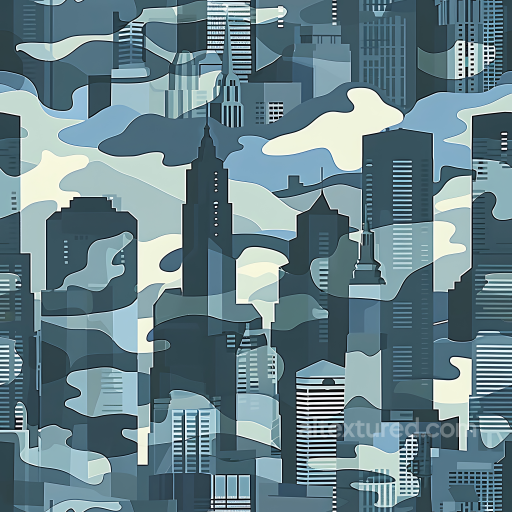 Urban Camouflage PBR Texture Featuring Blue-gray Cityscape Silhouettes seamless Color Camouflage PBR texture