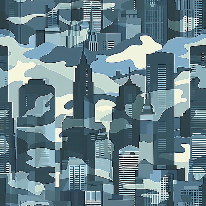 Urban Camouflage Featuring Blue-gray Cityscape Silhouettes seamless PBR texture preview