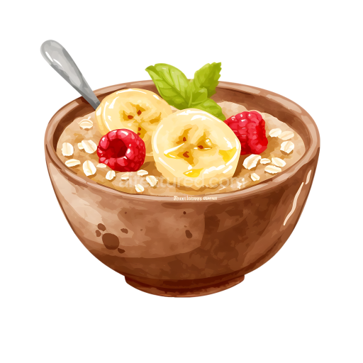 Preview — Breakfast Oatmeal Bowl with Fresh Banana Slices and Raspberries Illustration
