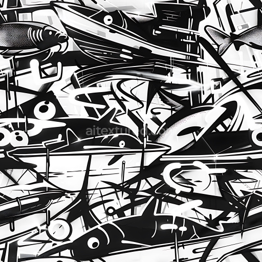 Seamless 3D PBR Texture Featuring Abstract Black & White Fish Graffiti