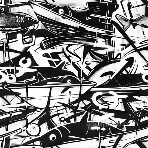 Seamless 3D PBR Texture Featuring Abstract Black & White Fish Graffiti texture preview