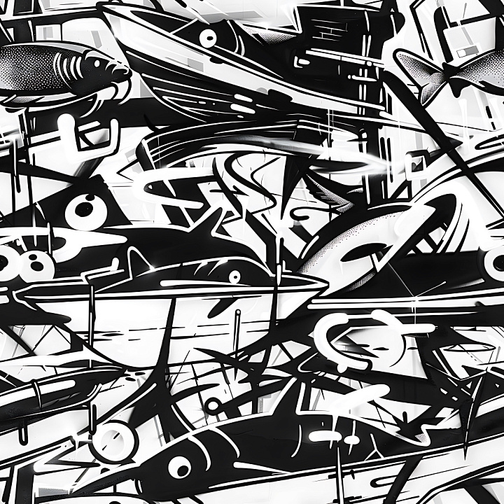 Featuring Abstract Black & White Fish Graffiti seamless PBR texture preview