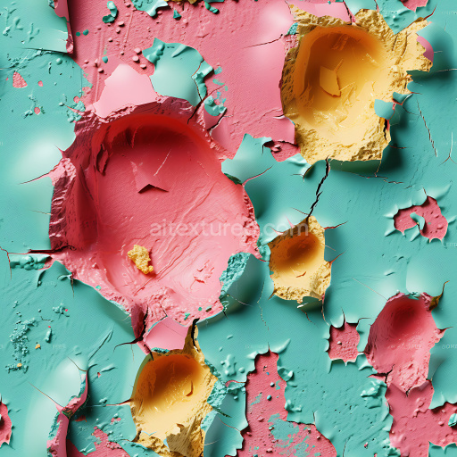 Seamless 3D PBR Cracked Painted Plaster Texture Featuring Vibrant Layered Holes and Peeling